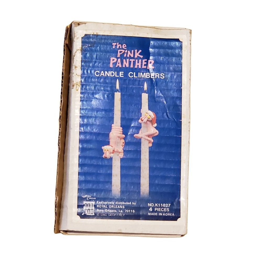Set Of 4 Vintage Christmas Pink Panther Candle Climbers Huggers Porcelain In Box
